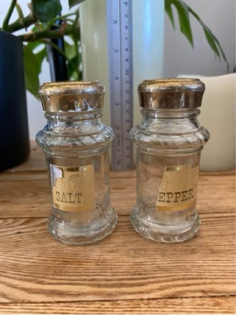 Vintage Clear Glass Salt and Pepper Shakers with Brass Metal Caps Original Label